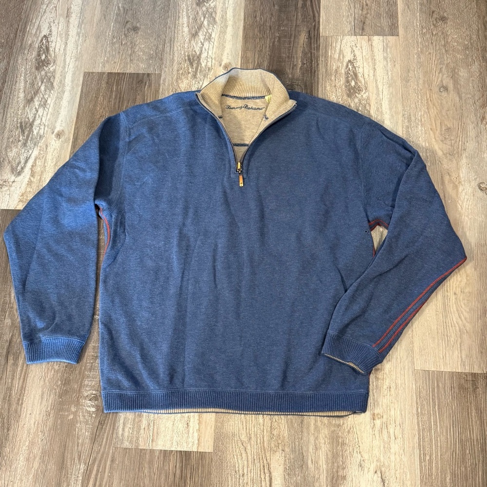 Tommy Bahama 1/4 Zip 100% Cotton Sweater Blue with Contrasting Orange Trim Sz L